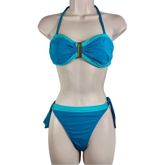 Leilani Bright Blue with Turquoise Trim Bikini Bathing Suit Gold Tone Trim - Picture 6 of 16